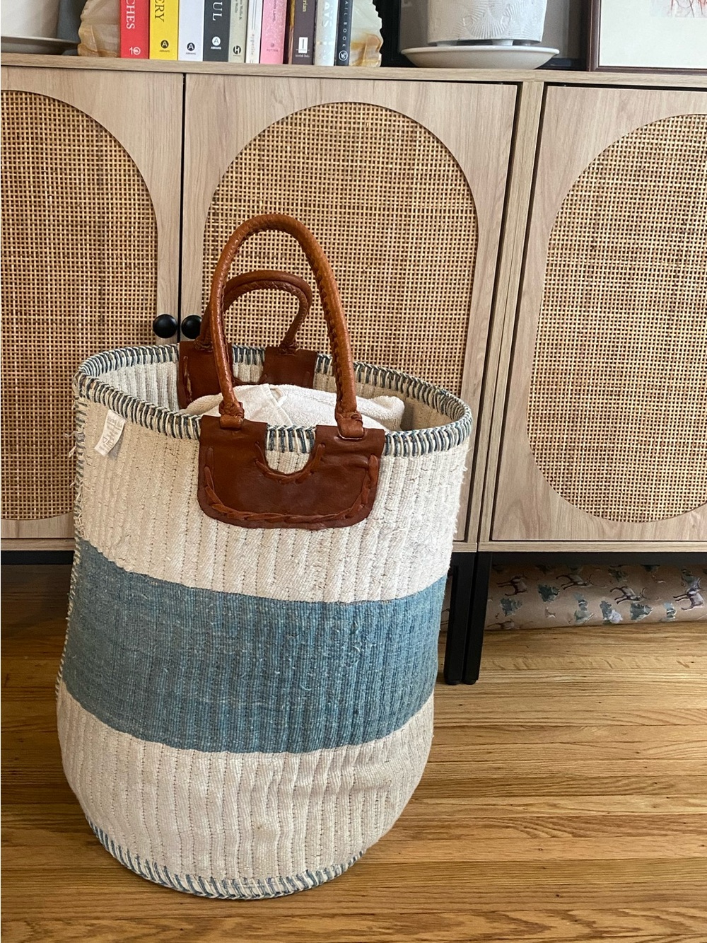 Woven Cotton Stripe Storage Basket with Leather Handles - Blue & Cream